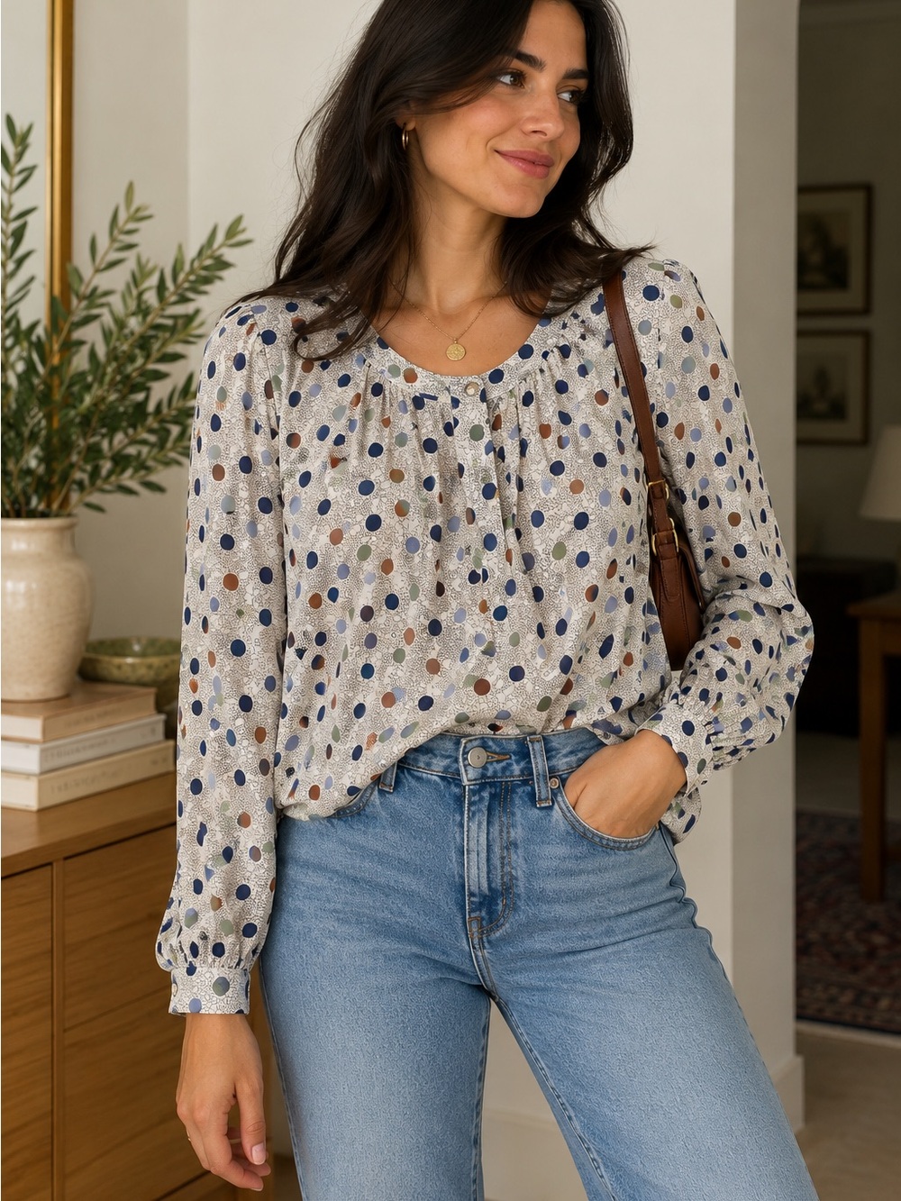 Boden Multicolor Polka Dot Print Long Sleeve Blouse Size 8